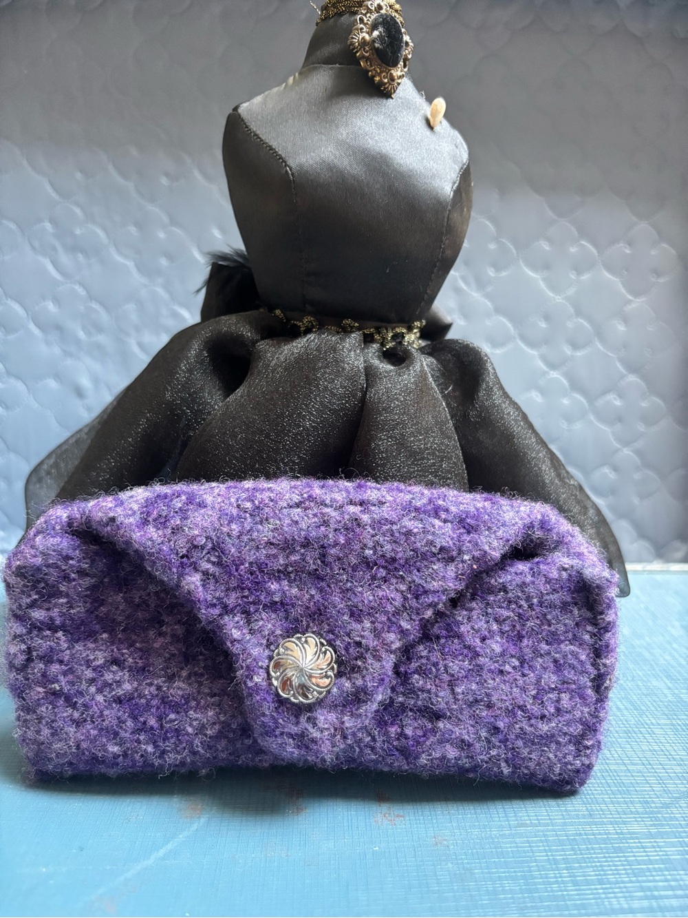 Handmade Purple Wool Clutch / sunglasses Bag with Decorative Button